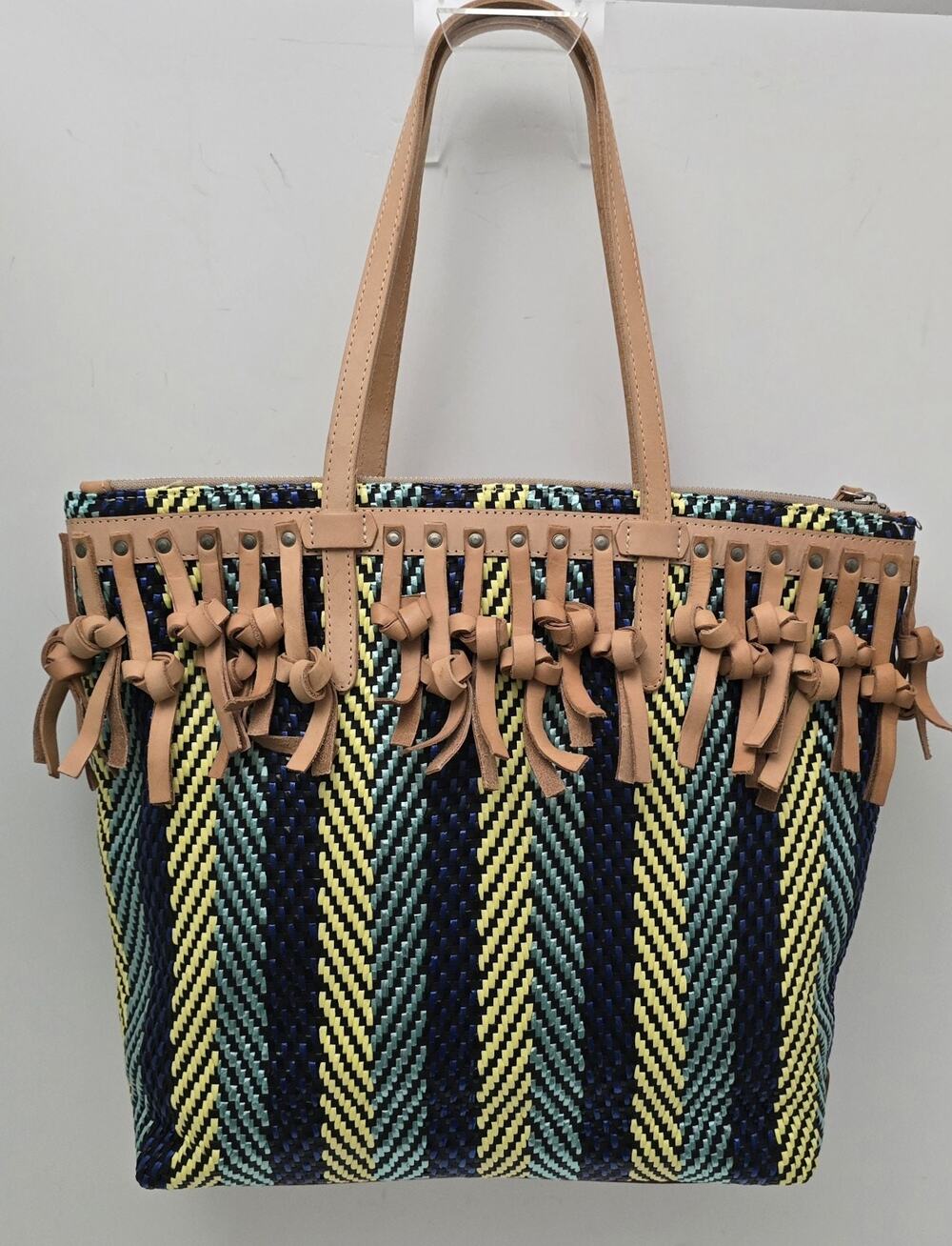 Consuela Cancun Frida Woven Tote Knotted Leather Fringe Bag Blue Yellow Rare